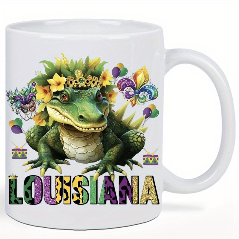 Tailorly White Ceramic 11 oz Mug - Louisiana Festive Reptile Wearing Yellow Flower Crown Surrounded By Colorful Mardi Gras Ornaments Alligator