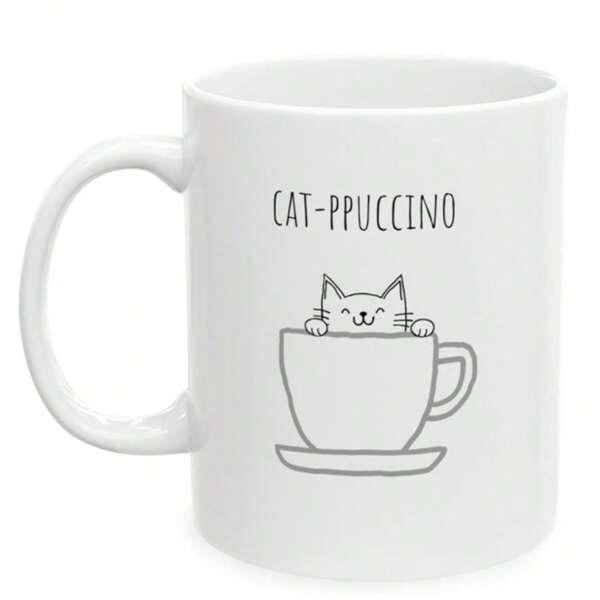 Tailorly White Ceramic 11 oz Mug - Cat Ppuccino Minimalist Line Art Drawing Of A Smiling Kitten Inside Coffee Cup Cat