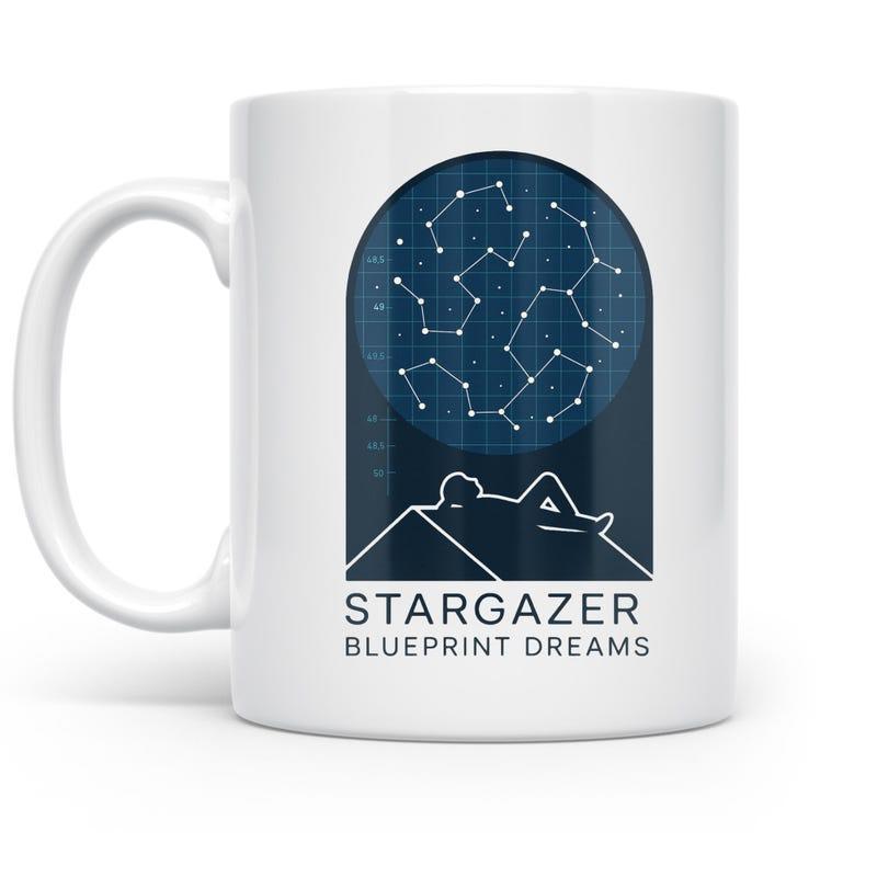 Tailorly White Ceramic 11 oz Mug - Stargazer Blueprint Dreams Minimalist Figure Resting On Slopes Beneath A Glowing Celestial Constellation Stargazer