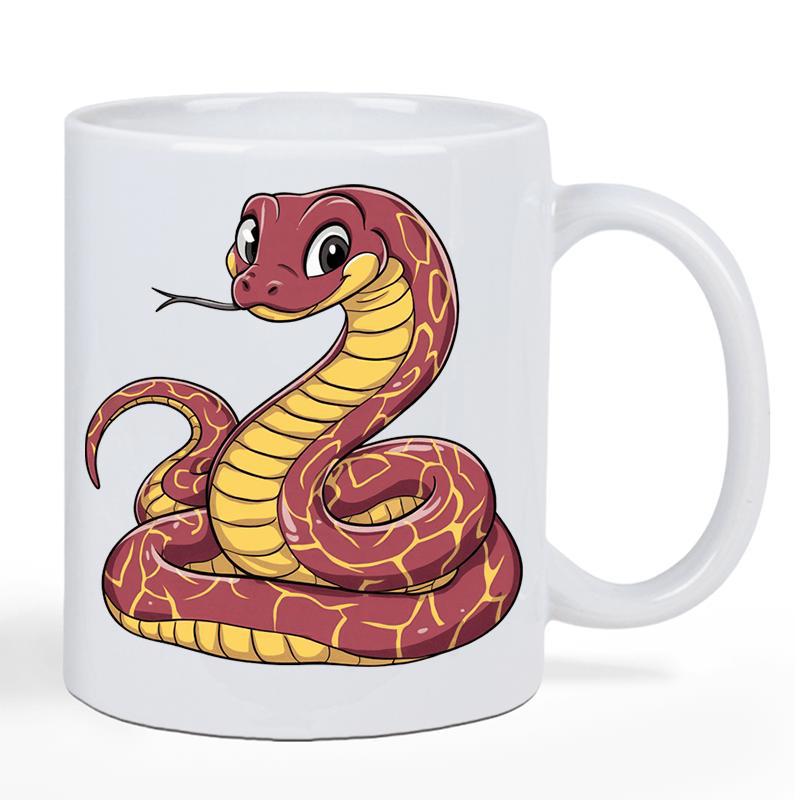 Tailorly White Ceramic 11 oz Mug - Friendly Red Coiled Cartoon Serpent With Detailed Yellow Belly Scales Snake