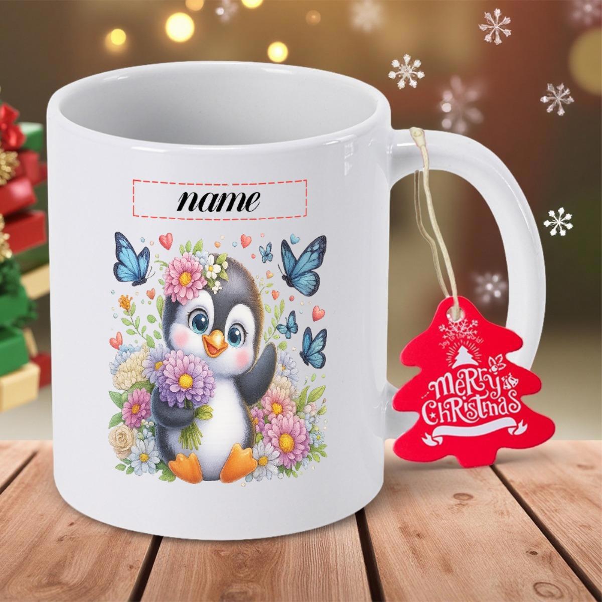 Tailorly White Ceramic 11 oz Mug - Name Adorable Little Penguin Carrying Fresh Flowers Among Fluttering Blue Butterflies Penguin