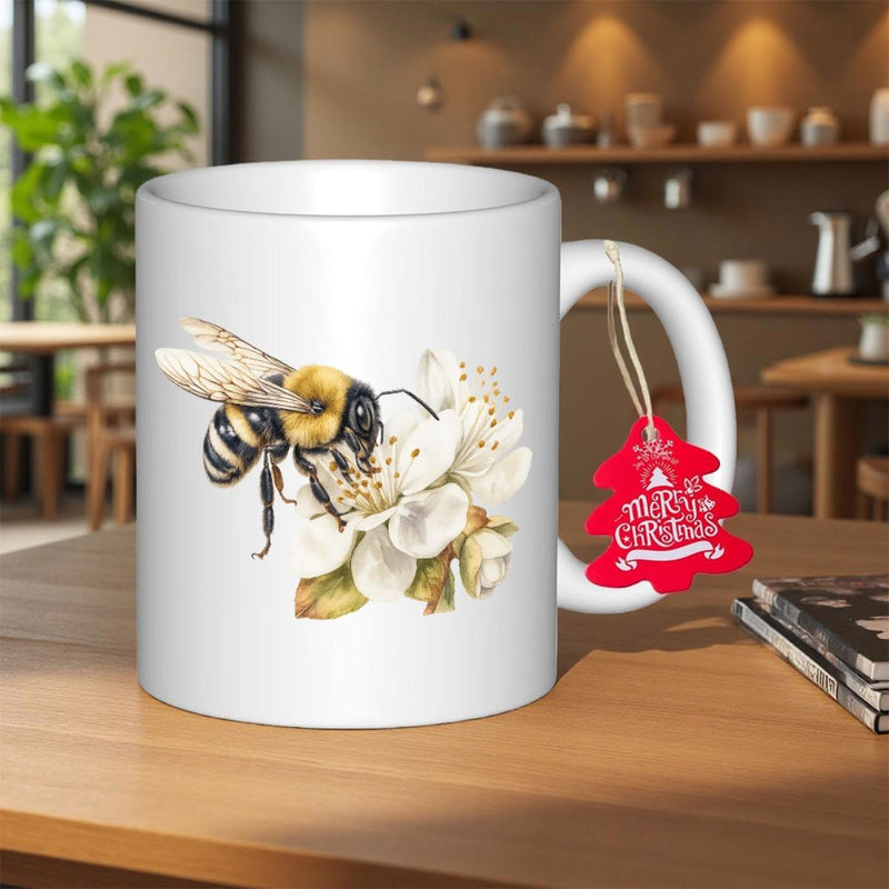 Tailorly White Ceramic 11 oz Mug - Merry Christmas Detailed Watercolor Bumblebee Hovering Near Delicate White Spring Flowers Bee