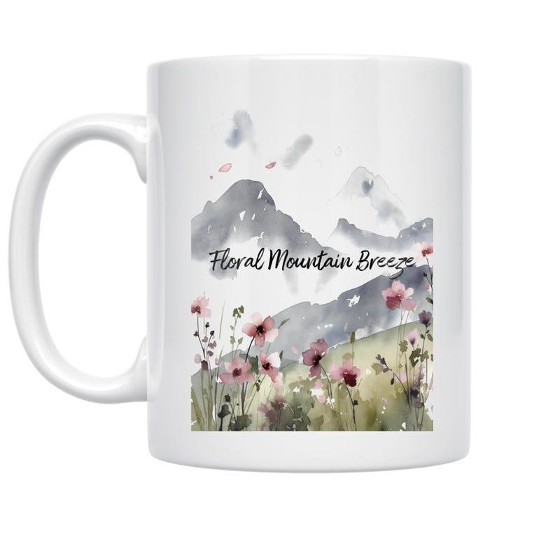 Tailorly White Ceramic 11 oz Mug - Floral Mountain Breeze Elegant Watercolor Scenery With Pink Wildflowers Among Mist Covered Peaks Mountains