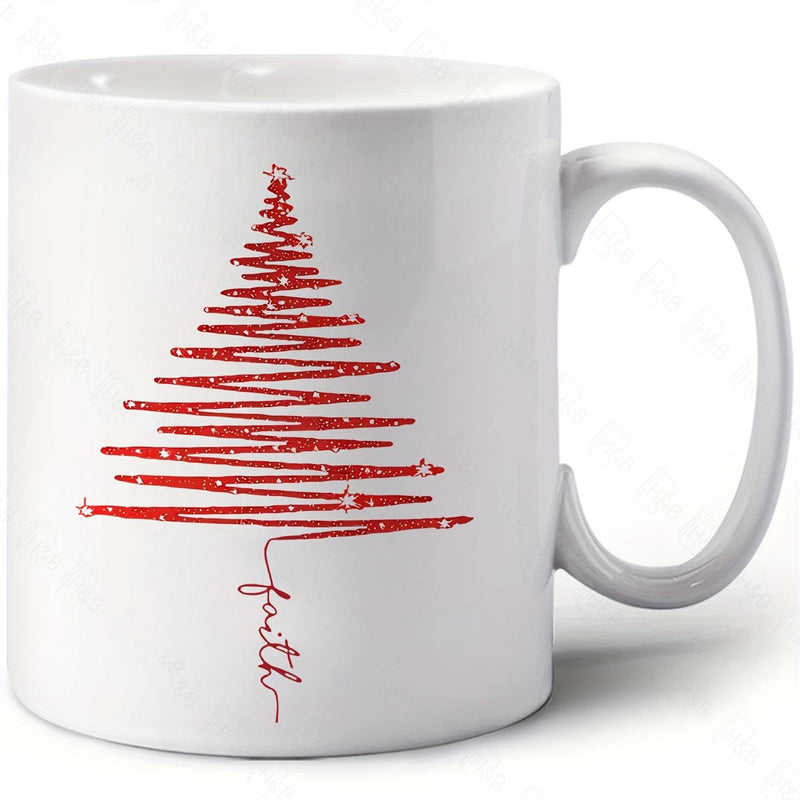 Tailorly White Ceramic 11 oz Mug - Faith Minimalist Red Shimmering Zig Zag Lines For Festive Holiday Tree