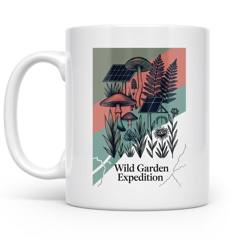 Tailorly White Ceramic 11 oz Mug - Wild Garden Expedition Lush Foliage With Tall Ferns And Solar Panels Under Mushroom