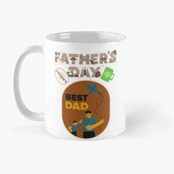 Tailorly White Ceramic 11 oz Mug - Fathers Day Best Dad Father And Son Flying A Blue Kite Within A Brown Circle Mug