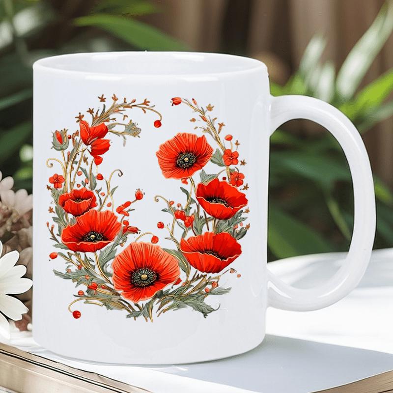 Tailorly White Ceramic 11 oz Mug - Elegant Vibrant Red Petals Arranged Within A Decorative Floral Circular Wreath Poppy