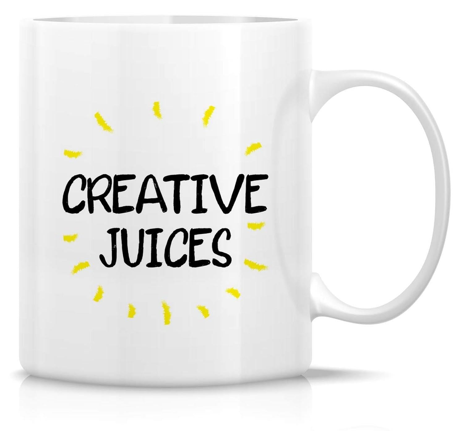 Tailorly White Ceramic 11 oz Mug - Creative Juices Radiating Yellow Sparkle Lines Surrounding Handwritten Black Inspirational Mug