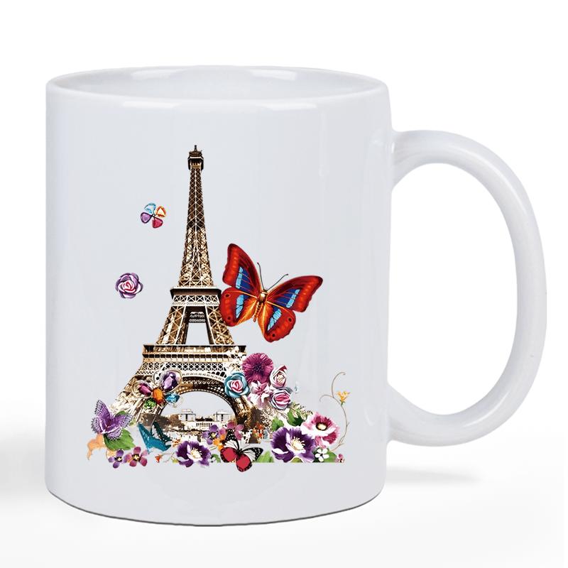 Tailorly White Ceramic 11 oz Mug - Majestic Architectural Landmark With Colorful Butterflies Flying Around Floral Base Tower