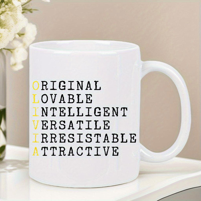 Tailorly White Ceramic 11 oz Mug - Olivia Original Lovable Intelligent Versatile Irresistable Attractive Clean Featuring Black Typewriter Style Character