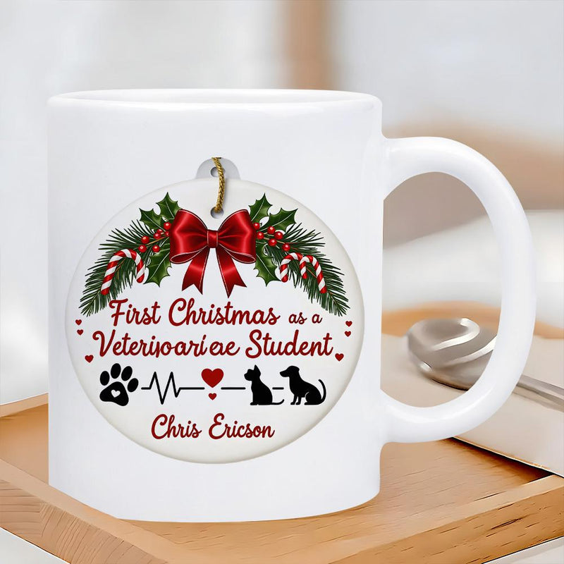 Tailorly White Ceramic 11 oz Mug - First Christmas Veterinarian Student Chris Ericson Festive Red Bow With Holly And Candy Canes Above Silhouettes Mug