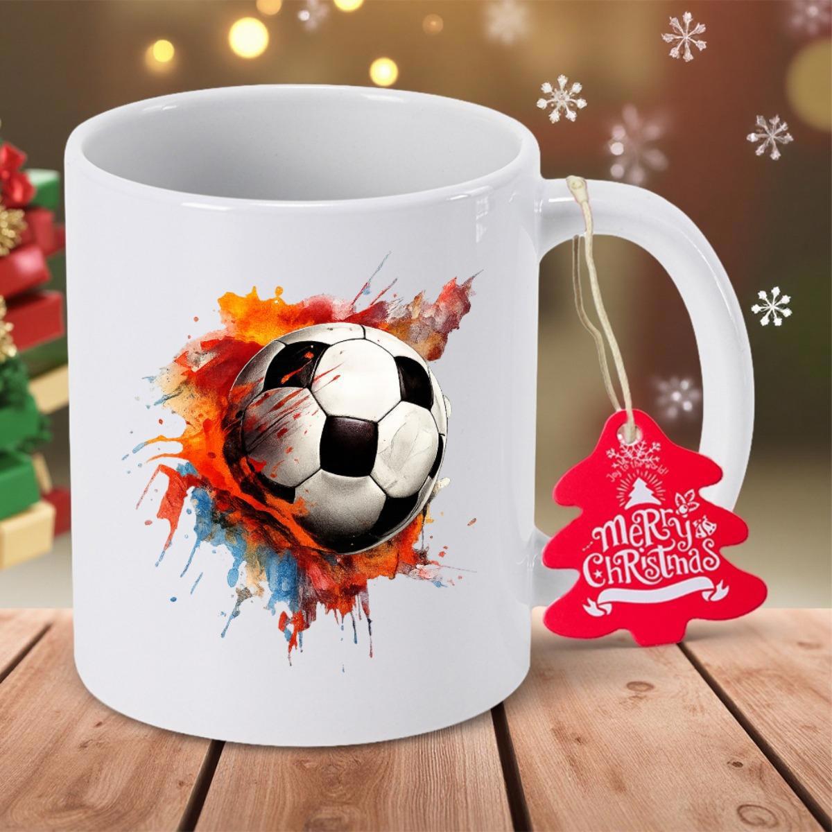 Tailorly White Ceramic 11 oz Mug - Merry Christmas Vibrant Watercolor Splashes Surrounding A Classic Black And White Soccer Ball