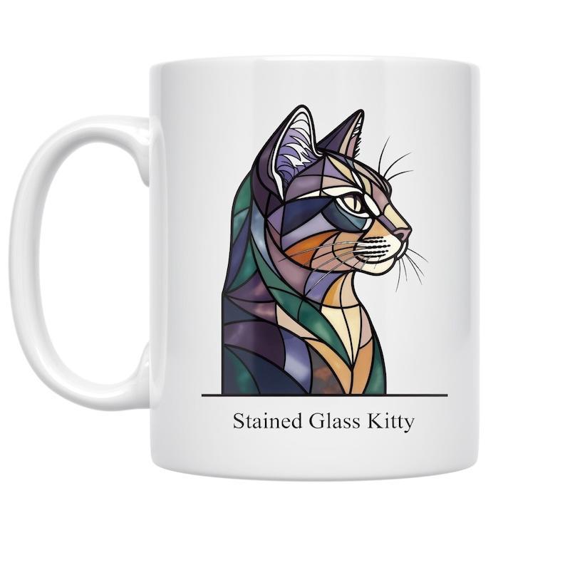 Tailorly White Ceramic 11 oz Mug - Stained Glass Kitty Intricate Mosaic Geometric Pattern With Vibrant Colorful Shards Elegant Cat