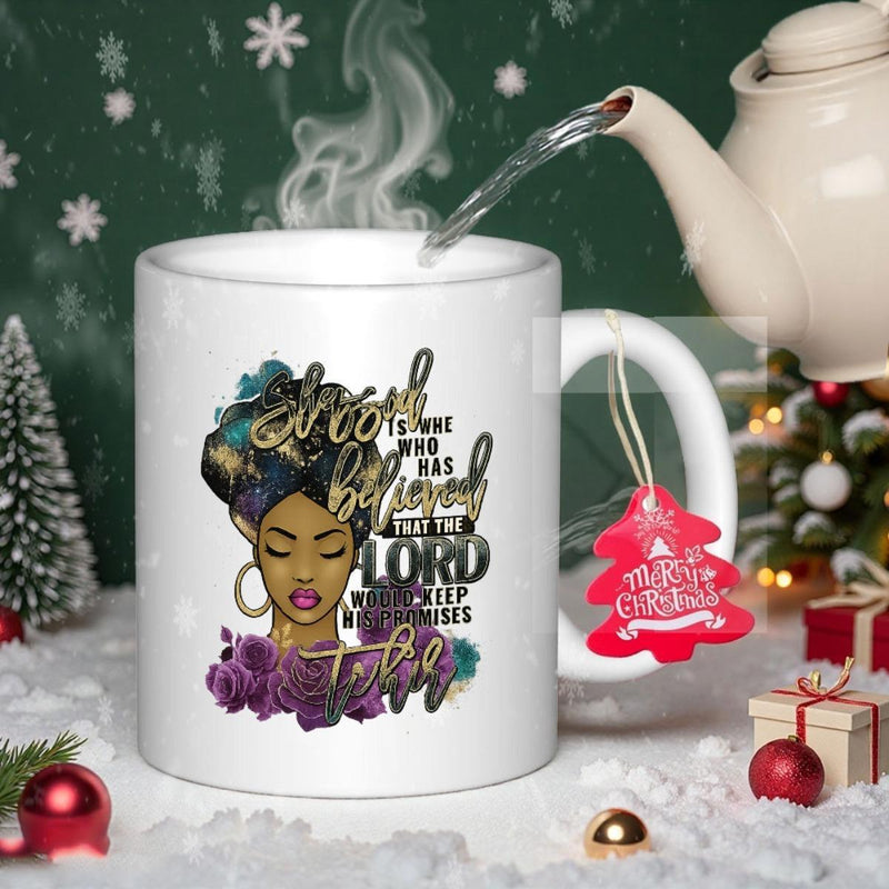Tailorly White Ceramic 11 oz Mug - Blessed Is She Who Has Believed That The Lord Will Keep His Promises To Her Elegant African American Figure With Patterned