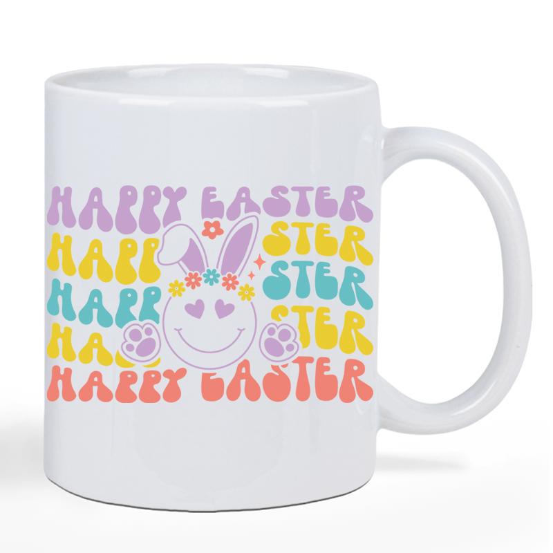 Tailorly White Ceramic 11 oz Mug - Happy Easter Colorful Retro Wavy Design With A Smiling Floral Crown Styled Bunny