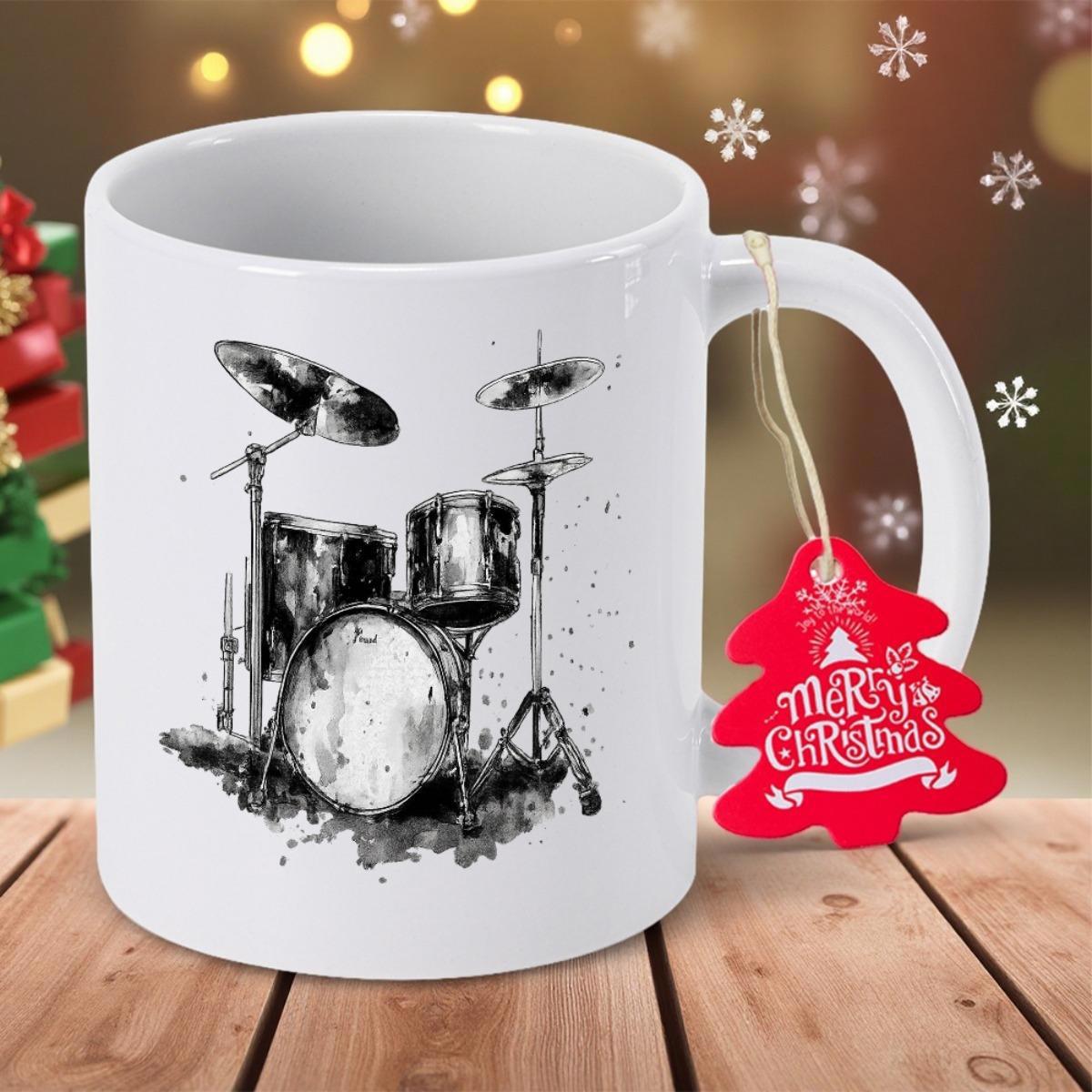 Tailorly White Ceramic 11 oz Mug - Merry Christmas Detailed Artistic Black Ink Musical Instruments Displayed On Clean Background Drum Kit