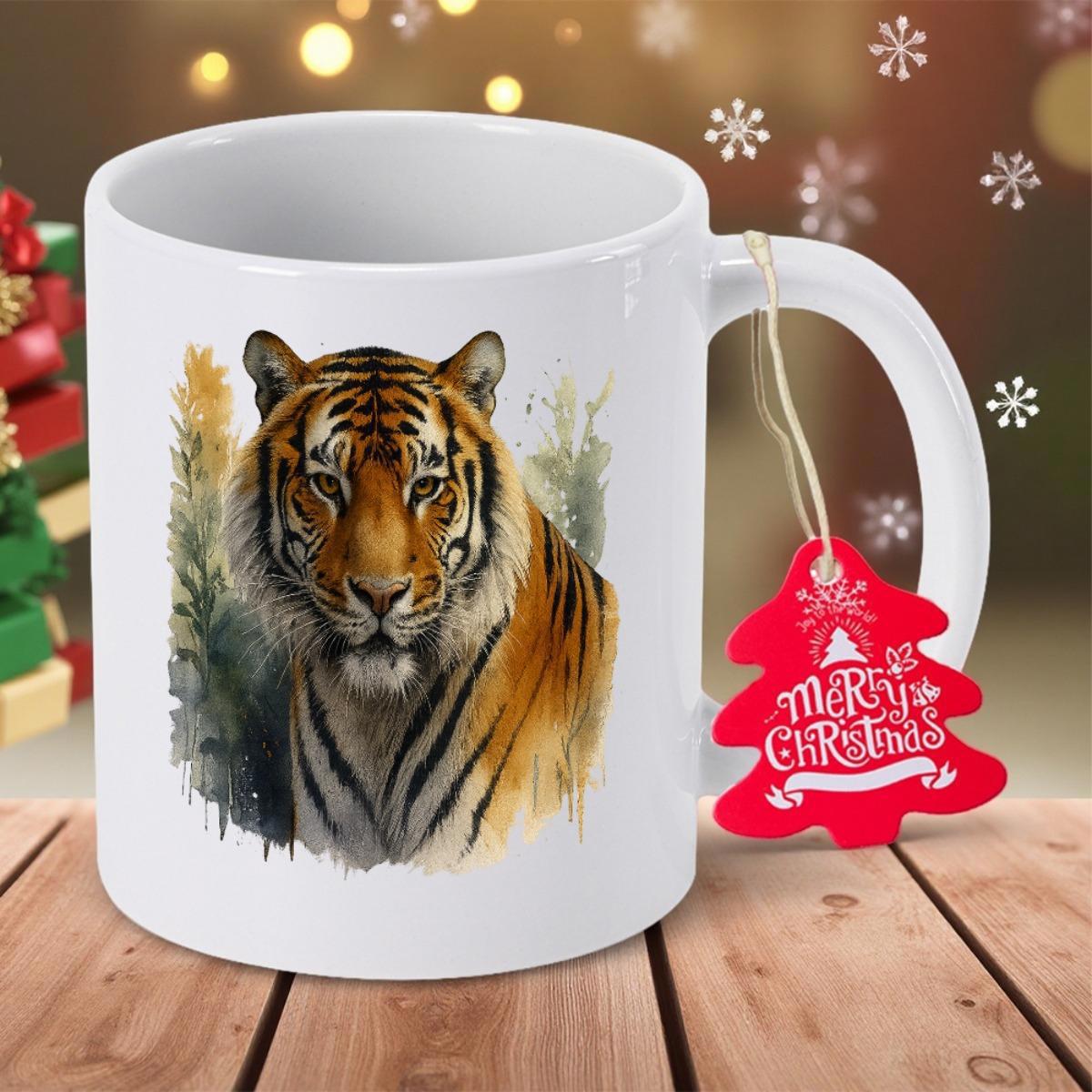 Tailorly White Ceramic 11 oz Mug - Merry Christmas Majestic Wildlife Predator With Detailed Stripes Among Artistic Watercolor Splashes Tiger