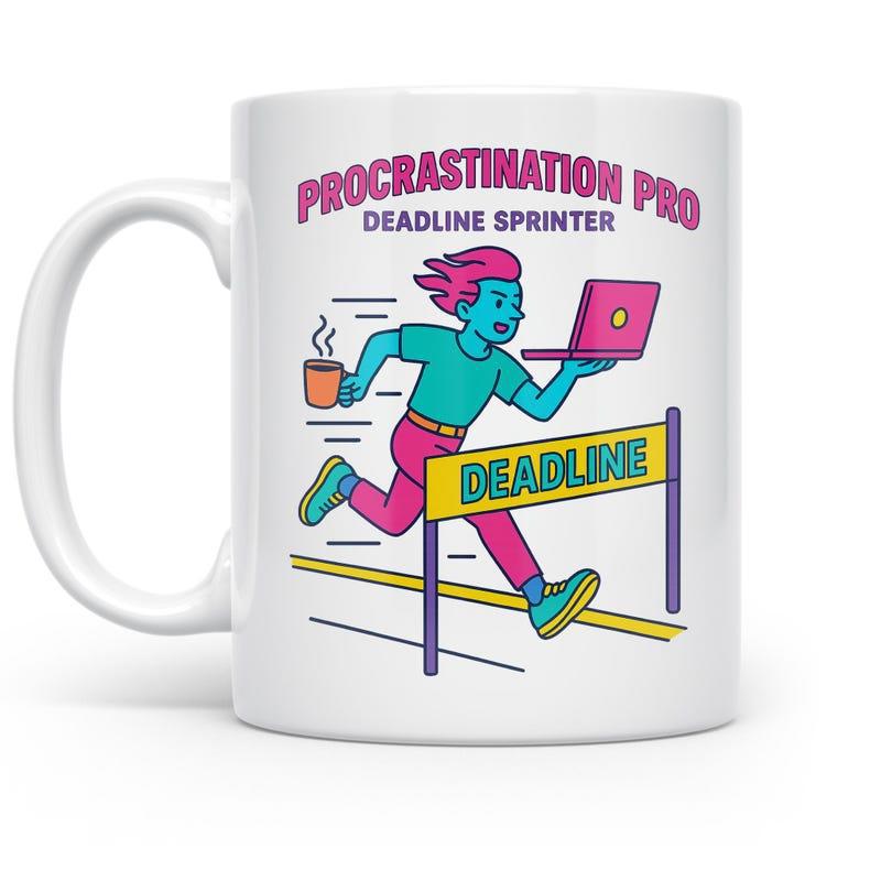 Tailorly White Ceramic 11 oz Mug - Procrastination Pro Deadline Sprinter Vibrant Cartoon Character Running With Coffee And Laptop Over Obstacle Runner