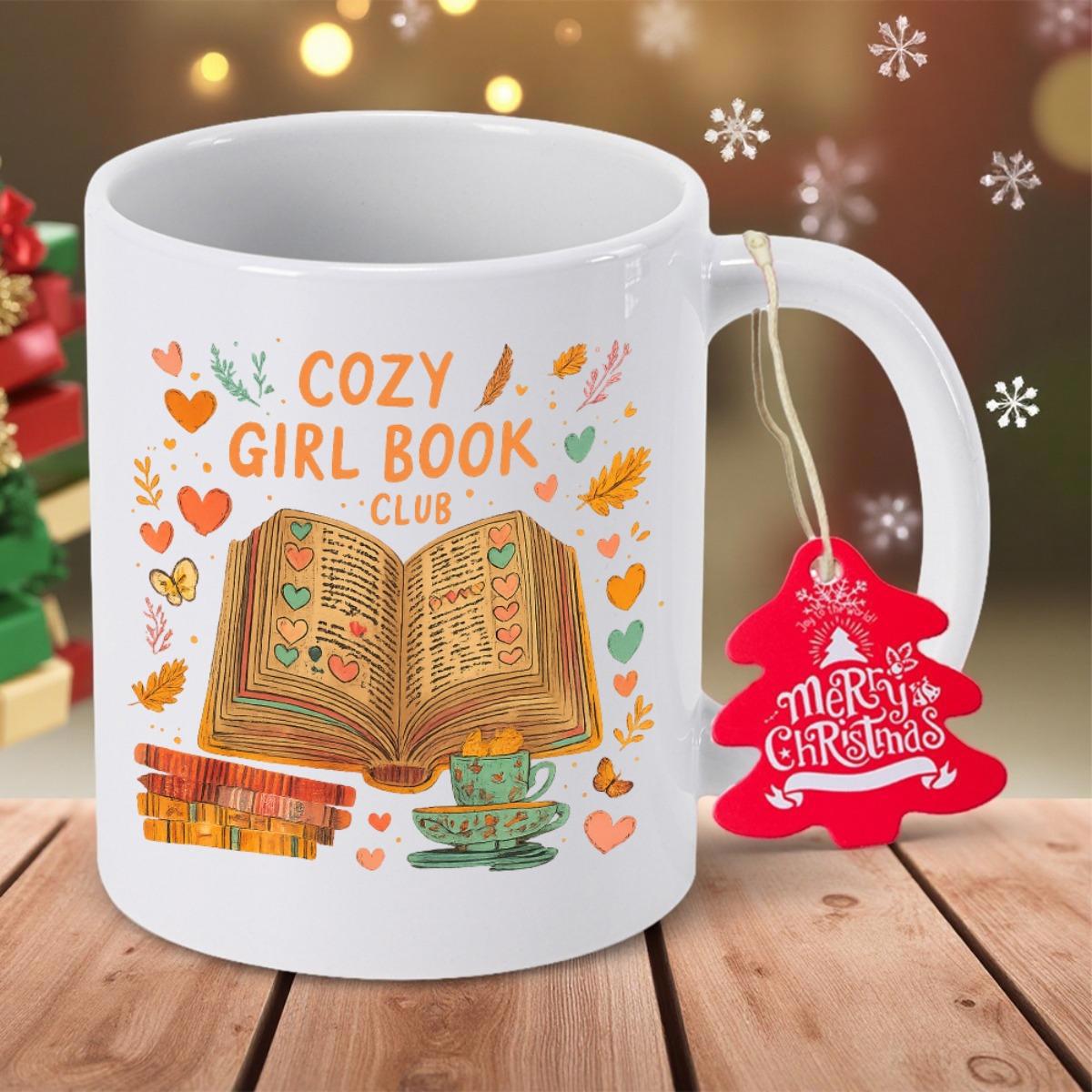 Tailorly White Ceramic 11 oz Mug - Cozy Girl Book Club Vintage Open Book Surrounded By Autumn Leaves And Decorative Small Hearts Book
