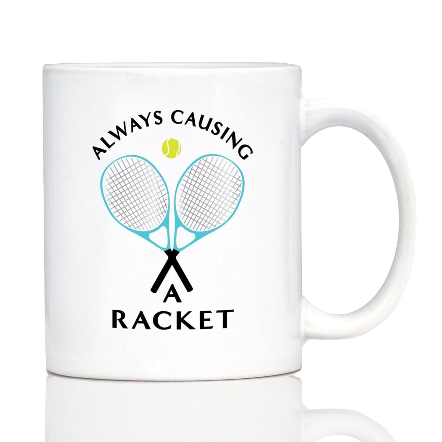 Tailorly White Ceramic 11 oz Mug - Always Causing A Racket Two Crossed Light Blue Tennis Rackets With Bright Yellow Ball Sports Racket
