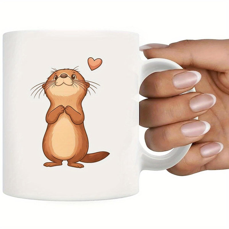 Tailorly White Ceramic 11 oz Mug - Adorable Brown Cartoon Otter Standing With Paws Together Under Floating Heart Otter