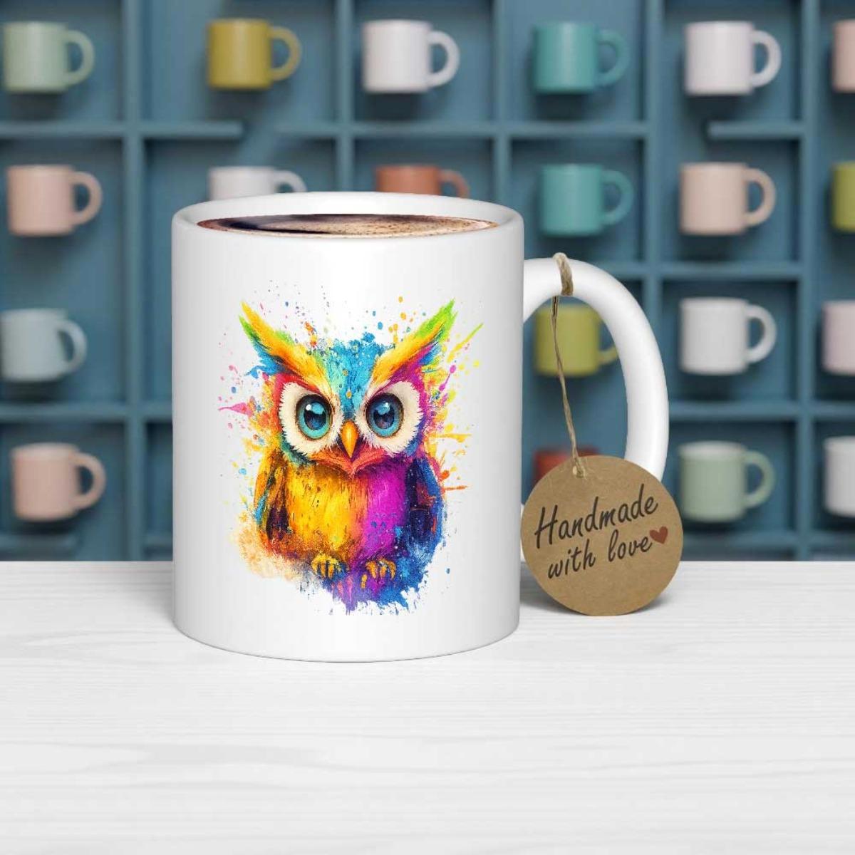 Tailorly White Ceramic 11 oz Mug - Handmade With Love Vibrant Rainbow Watercolor Paint Splatter Style Artistic Wise Owl