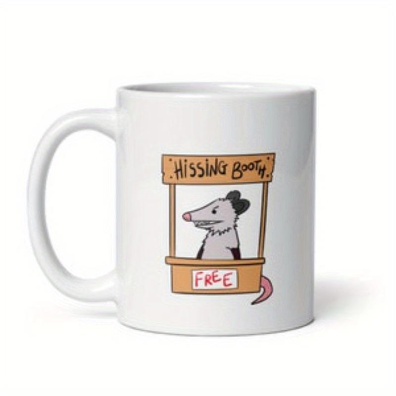 Tailorly White Ceramic 11 oz Mug - Hissing Booth Free Funny Opossum Sitting Inside A Small Wooden Stand Waiting For Visitors Opossum