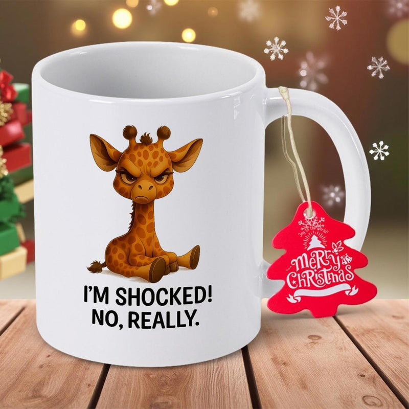 Tailorly White Ceramic 11 oz Mug - Im Shocked No Really Adorable Grumpy Little Spotted Animal Sitting On Plain Background Giraffe