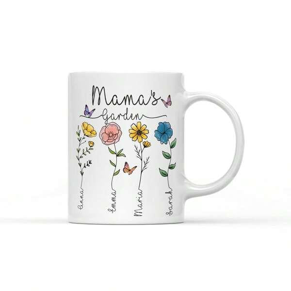Tailorly White Ceramic 11 oz Mug - Mama's Garden Colorful Blooming Wildflowers With Butterflies Dancing Around Delicate Tall Green Stems Flower