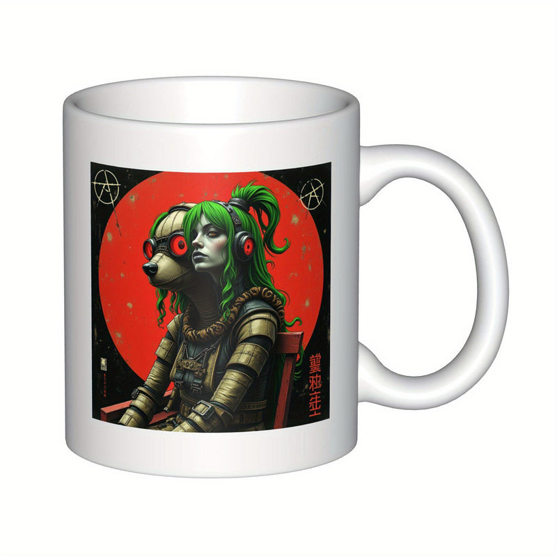 Tailorly White Ceramic 11 oz Mug - Cyberpunk Woman With Green Hair Beside Robotic Creature Under Red Moon Girl