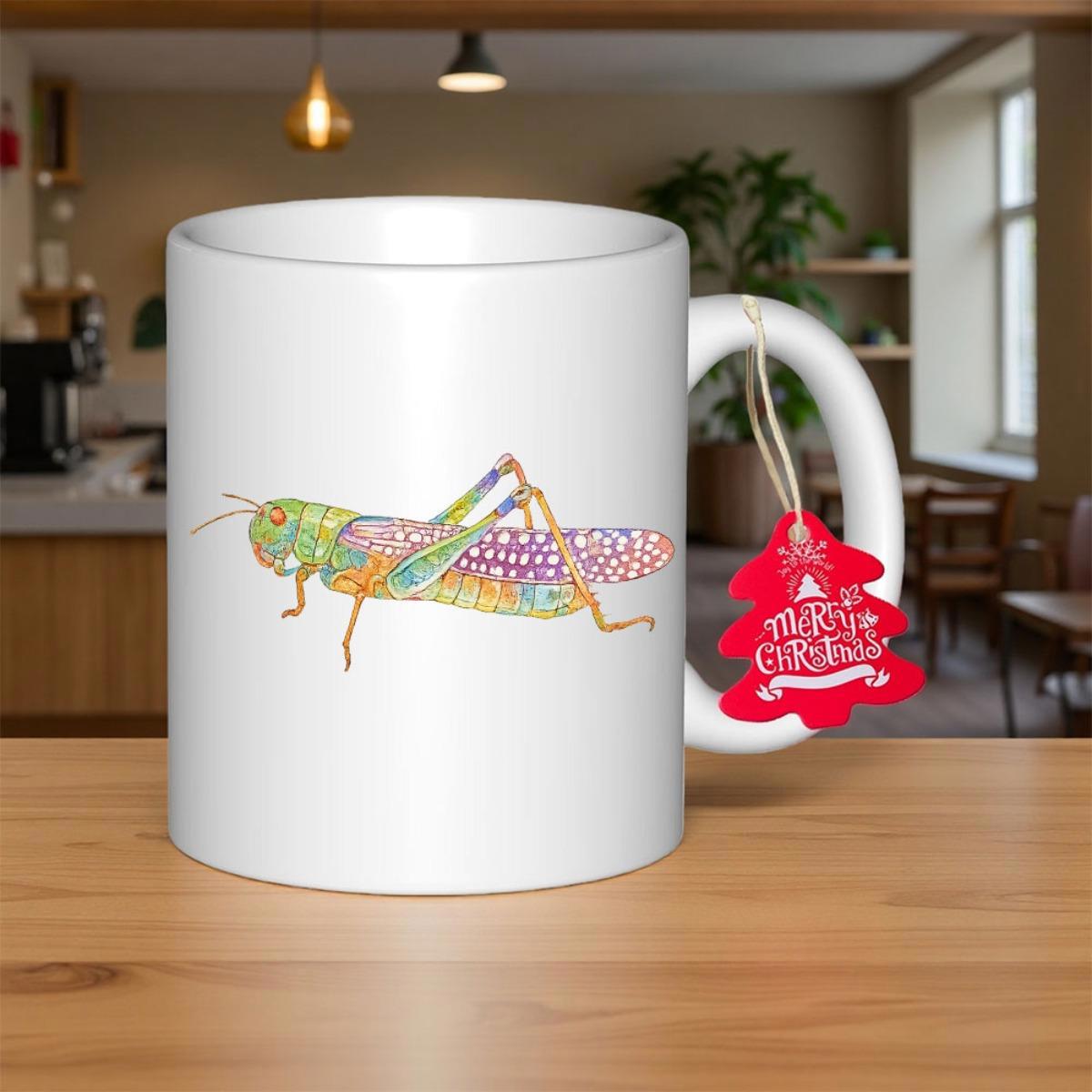 Tailorly White Ceramic 11 oz Mug - Merry Christmas Vibrant Colorful Folk Art Patterns Decorated Across A Summer Meadow Grasshopper