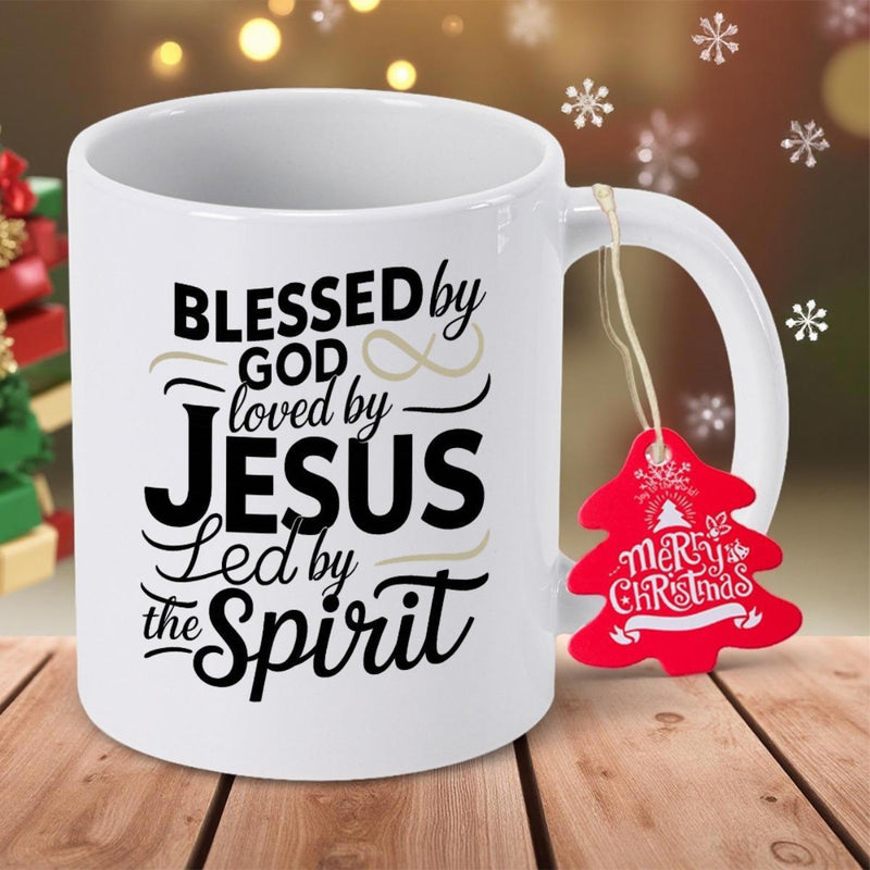 Tailorly White Ceramic 11 oz Mug - Blessed By God Loved By Jesus Led By The Spirit Simple White Ceramic Vessel Resting Upon A Rustic Wooden Table Surface Mug