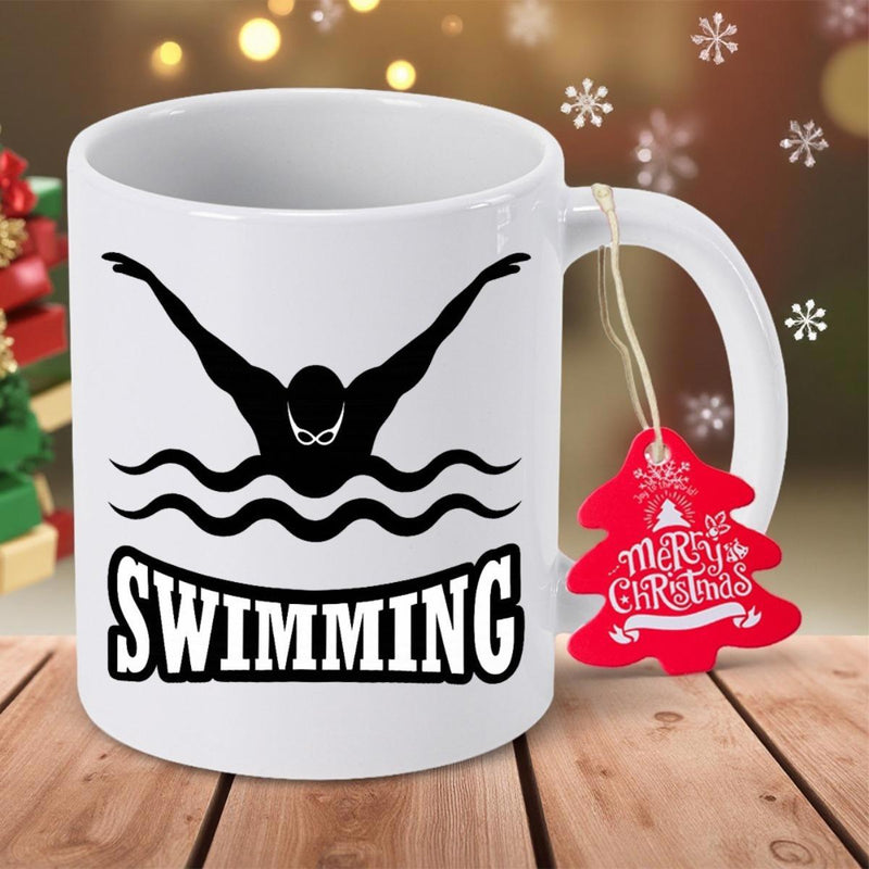 Tailorly White Ceramic 11 oz Mug - Swimming Powerful Athletic Silhouette Gliding Through Rippling Water Waves In Dynamic Swimmer