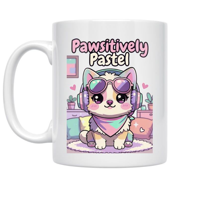 Tailorly White Ceramic 11 oz Mug - Pawsitively Pastel Adorable Small Puppy Wearing Stylish Headphones And Purple Sunglasses Dog