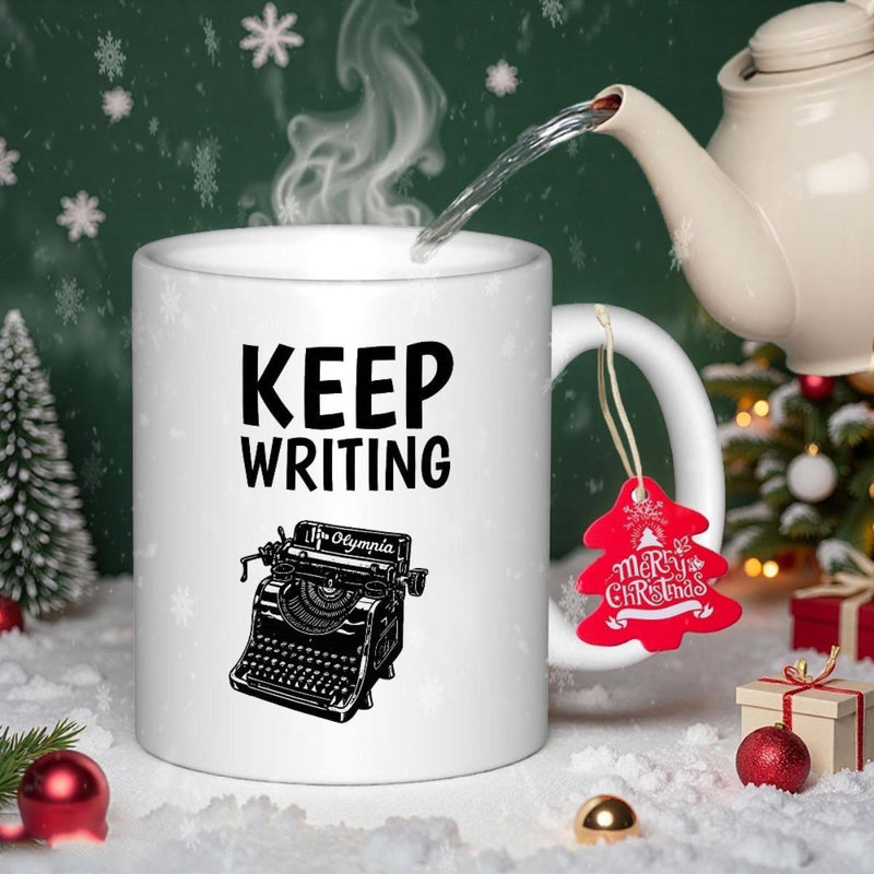 Tailorly White Ceramic 11 oz Mug - Keep Writing Classic Manual Ribbon Keys Used For Creative Literary Journaling Work Typewriter