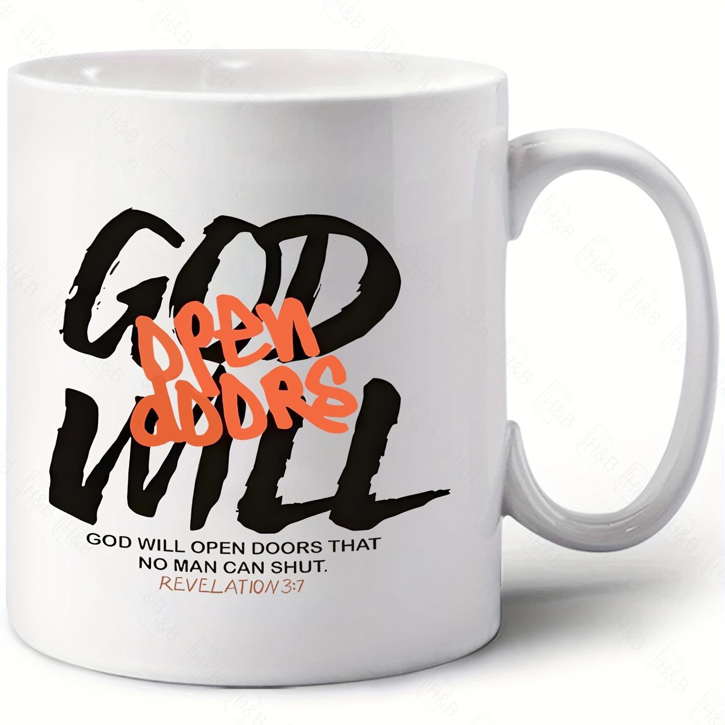 Tailorly White Ceramic 11 oz Mug - God Will Open Doors Revelation 3 7 Inspirational Religious Text With Modern Hand Drawn Script And Bold Artistic Lettering Quote