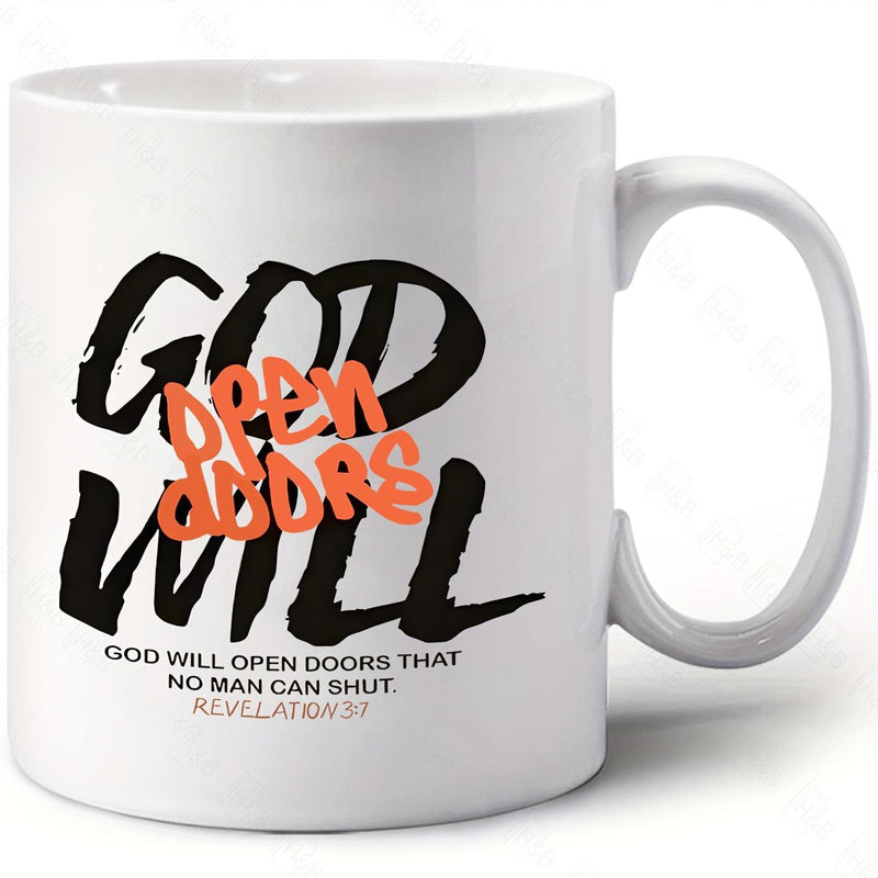 Tailorly White Ceramic 11 oz Mug - God Will Open Doors Revelation 3 7 Inspirational Religious Text With Modern Hand Drawn Script And Bold Artistic Lettering Quote