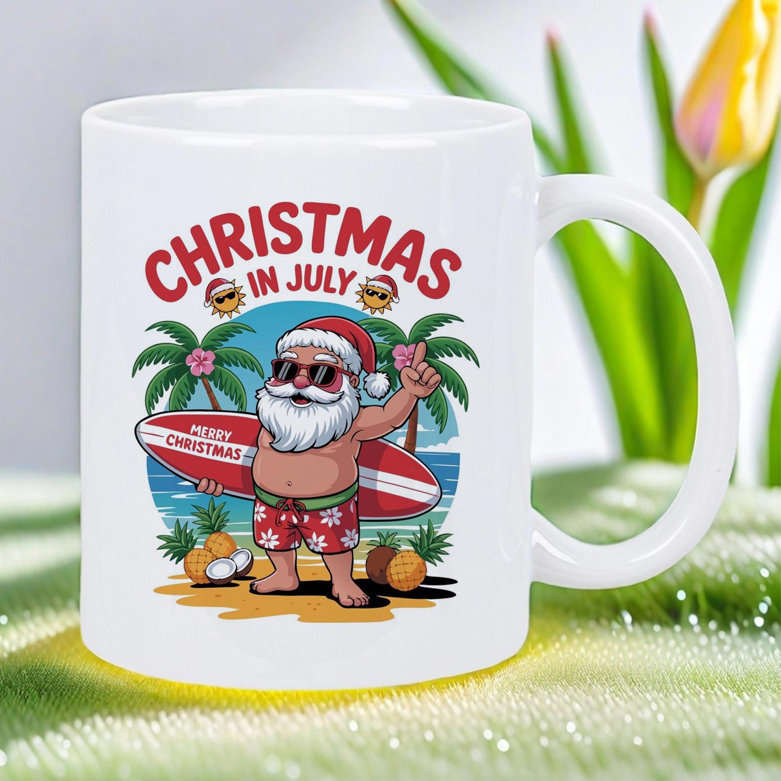 Tailorly White Ceramic 11 oz Mug - Christmas In July Merry Christmas Surfing On Tropical Beach Among Tall Green Palm Trees Santa