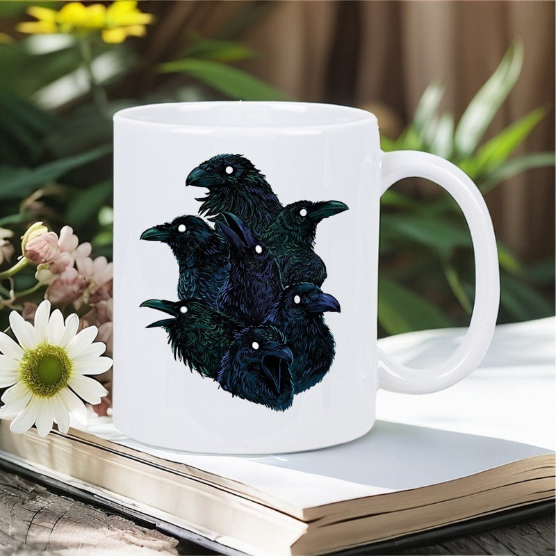 Tailorly White Ceramic 11 oz Mug - Mystical Dark Ravens With Glowing White Eyes Huddled Together In Shadows Raven