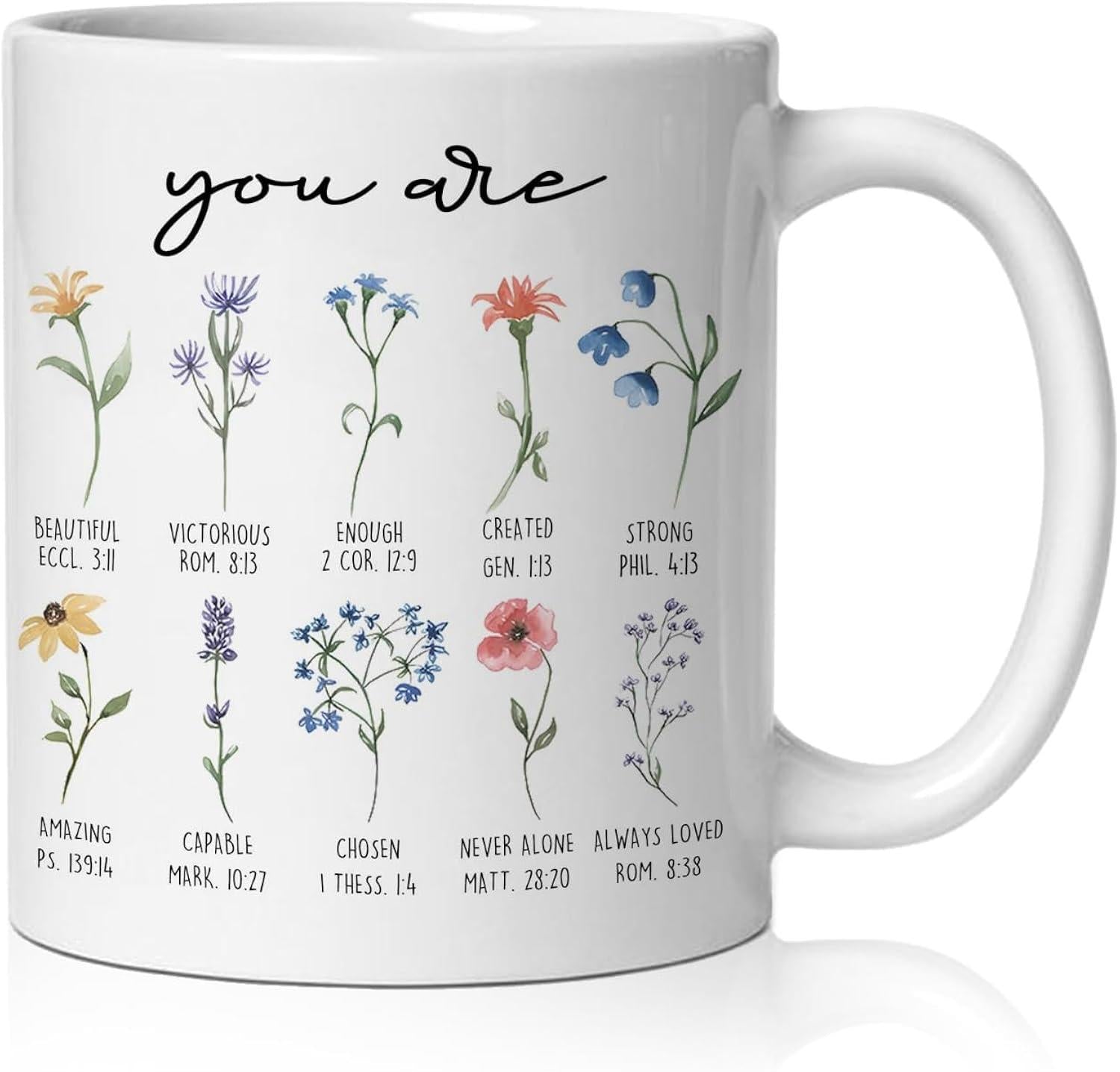 Tailorly White Ceramic 11 oz Mug - You Are Delicate Watercolor Botanical Wildflowers Arranged In A Systematic Minimalist Grid Flower