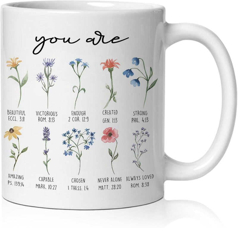 Tailorly White Ceramic 11 oz Mug - You Are Delicate Watercolor Botanical Wildflowers Arranged In A Systematic Minimalist Grid Flower