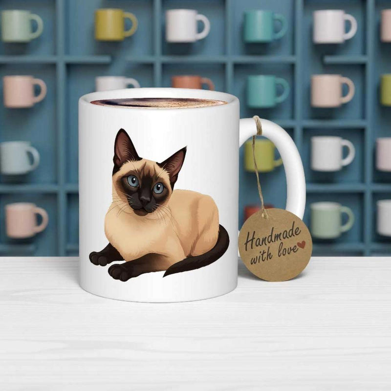Tailorly White Ceramic 11 oz Mug - Handmade With Love Elegant Siamese Feline Resting Quietly With Striking Blue Eyes And Points Cat