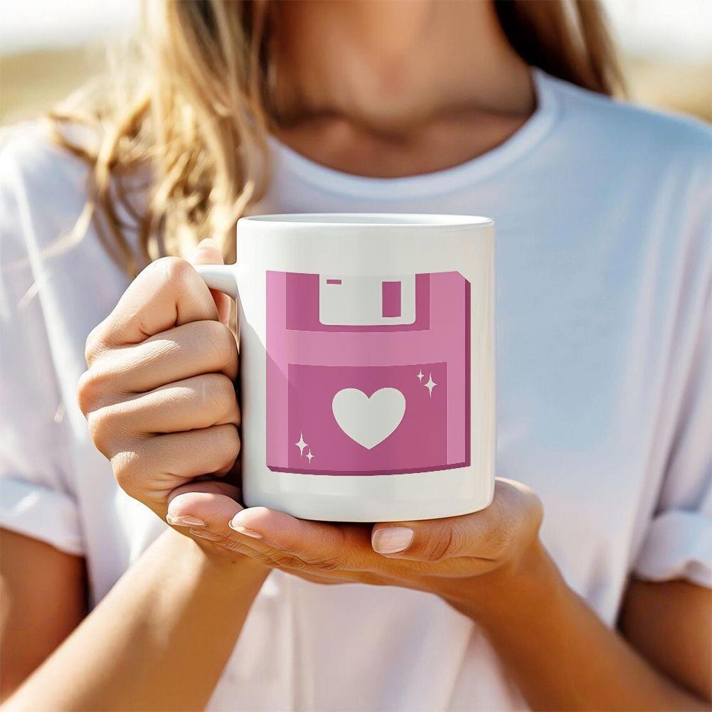 Tailorly White Ceramic 11 oz Mug - Vintage Pink Electronic Data Storage Featuring A Centered White Heart Floppy Disk
