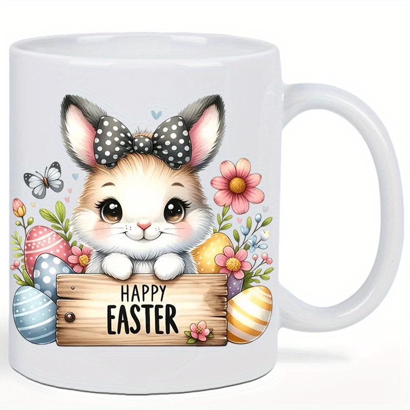 Tailorly White Ceramic 11 oz Mug - Happy Easter Cute Bunny With Polka Dot Bow Among Spring Flowers And Colorful Eggs Rabbit