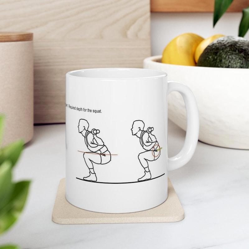 Tailorly White Ceramic 11 oz Mug - Proper Squat Form Minimalist Black Line Art Showing Correct Motion During Heavy Barbell Squat