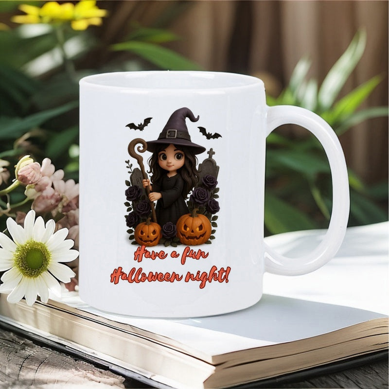 Tailorly White Ceramic 11 oz Mug - Have A Fun Halloween Night Charming Little Girl Wearing Black Hat Among Spooky Pumpkins Witch