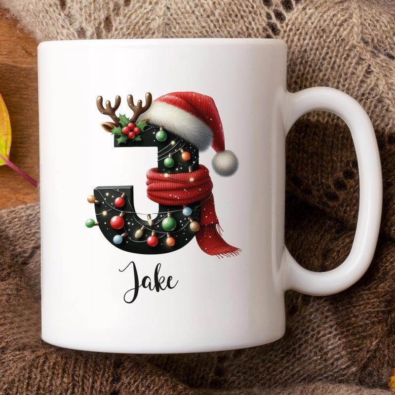 Tailorly White Ceramic 11 oz Mug - Jake Festive Holiday Alphabet Letter With Red Santa Hat And Scarf Letter J