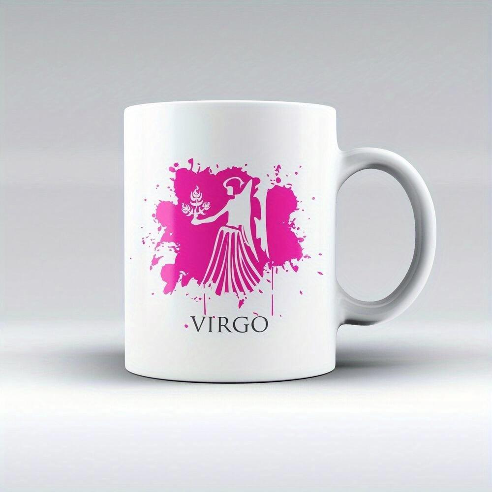 Tailorly White Ceramic 11 oz Mug - Virgo Graceful Artistic Maiden Silhouette Within Vibrant Pink Watercolor Virgo