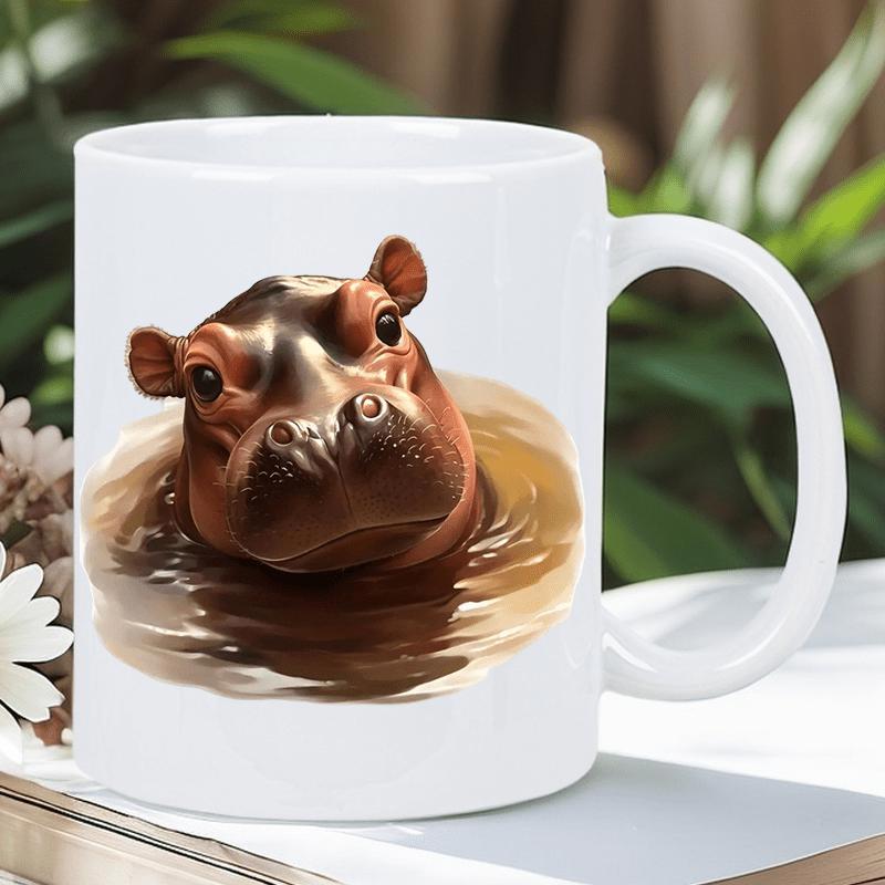 Tailorly White Ceramic 11 oz Mug - Adorable Baby Hippo Swimming Through Murky Brown River Water In Nature Hippo