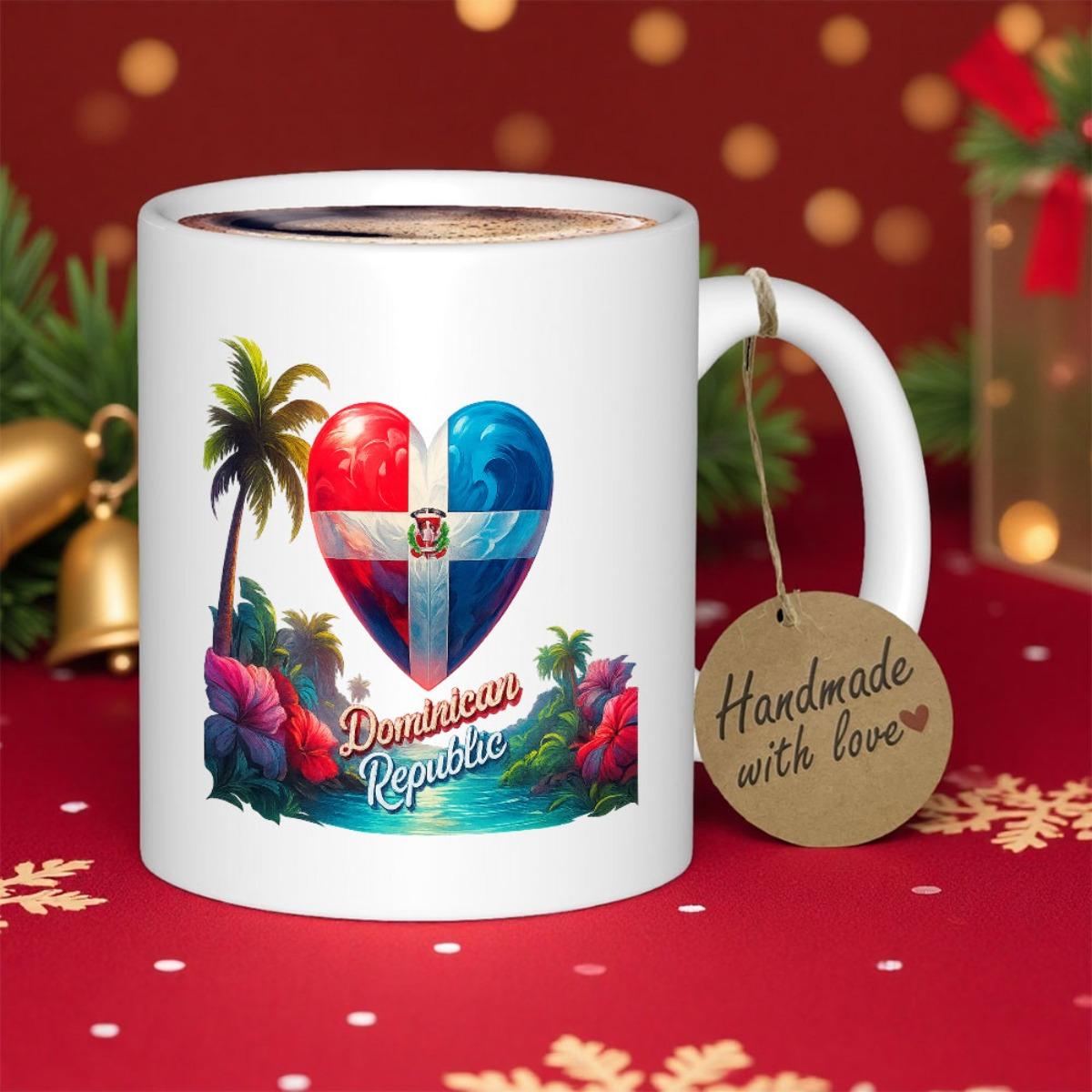 Tailorly White Ceramic 11 oz Mug - Dominican Republic Tropical Palm Tree Standing Beside Vibrant Flag Filled Heart Coastal Scenery Heart